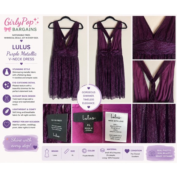 Lulus Dresses & Skirts - Lulus XL Purple Metallic Pleated Mini Dress NWT Deep V Party Cocktail Dress
